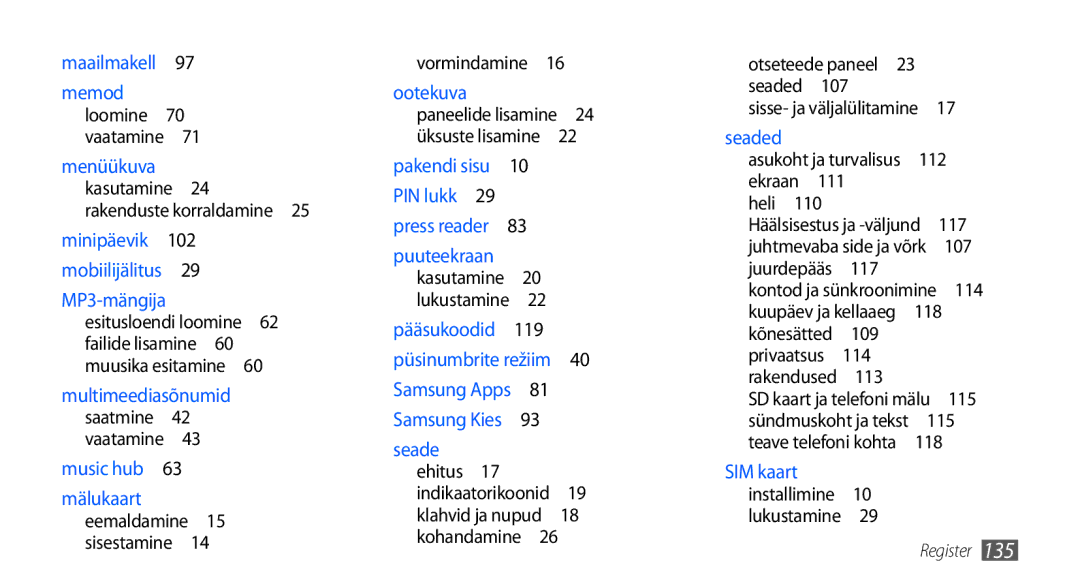 Samsung GT-I9001HKDSEB manual Menüükuva kasutamine 24 rakenduste korraldamine , Vormindamine , 107, Heli , Privaatsus , 115 